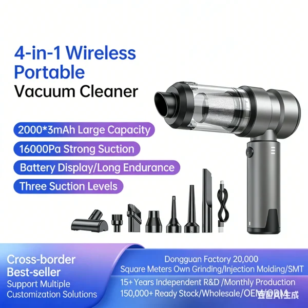 4-in-1 Cordless Car Vacuum Cleaner with Blower, Suction, Inflation & Pump, Digital Battery Display, Portable High-Power Brushless Motor