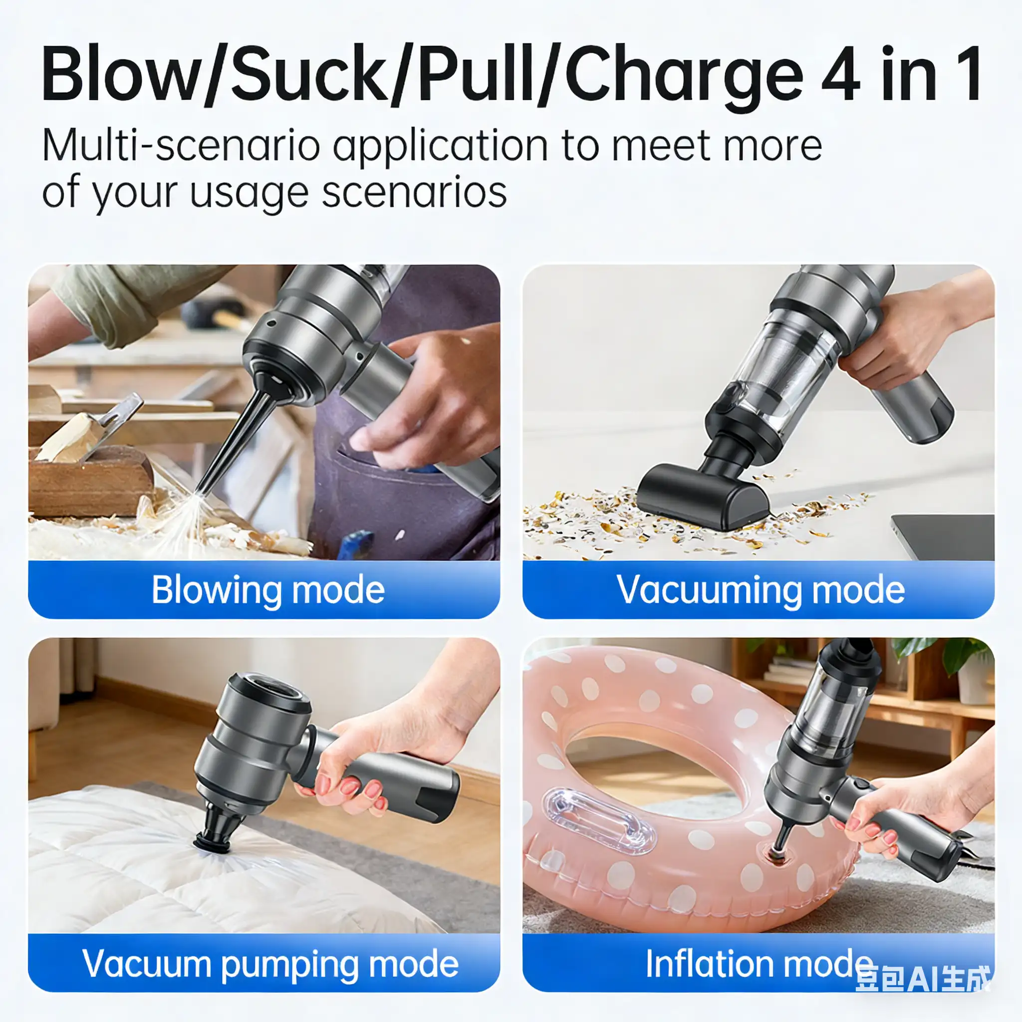 4-in-1 Cordless Car Vacuum Cleaner with Blower, Suction, Inflation & Pump, Digital Battery Display, Portable High-Power Brushless Motor