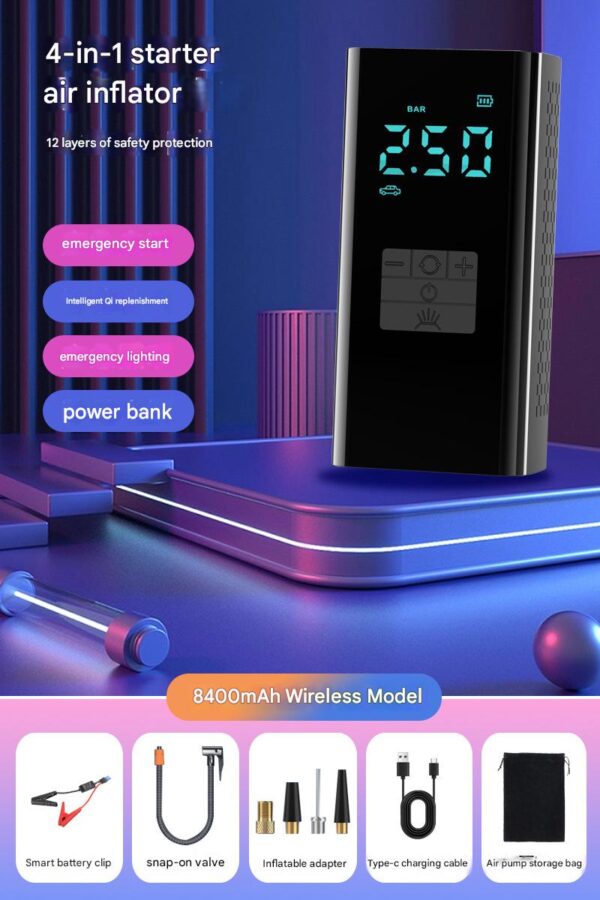 Portable Wireless Car Jump Starter & Air Compressor – Multi-Function Emergency Power Bank for Vehicles